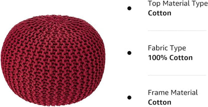 REDEARTH Round Pouf Ottoman - Hand Knitted Cable Boho Poof - Foot Stool Bean Bag - Home Décor Stuffed Footrest for Living Room - Nursery - Bedroom - 100% Cotton Poufs (19.5"x19.5"x14") - Red