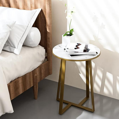 Round End Tables, Small Side Table White Marble Texture MDF Top,Metal Frame Gold Color, Tall End Table for Bed Room,Coffee Tea End Table for Living Room (White Marble+Gold)