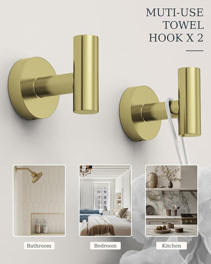 Brushed Gold Bathroom Accessories Set, SUS304 Stainless Steel 5 Pieces Bathroom Hardware Set, 24" Double Bath Towel Bar Set, 2 Towel Hooks, Toilet Paper Holder, Towel Racks for Bathroom Wall Mounted