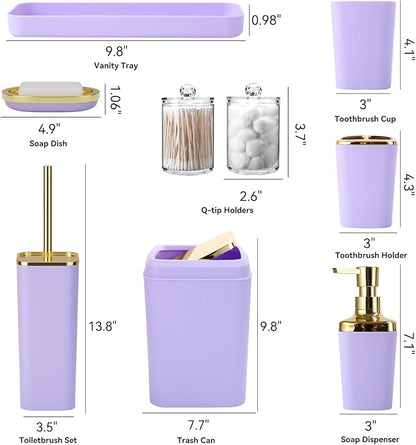 Purple Bathroom Accessories Set, Purple and Gold Bathroom Accessories with Trash Can, Soap Dispenser, Soap Dish, Toothbrush Holder and Q-tip Holders