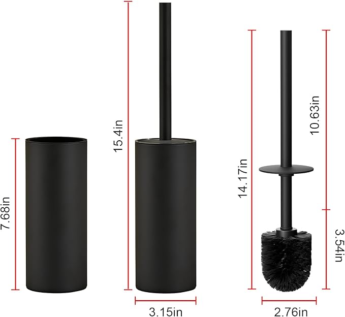 Toilet Brush and Holder Set, NEWRAIN 304 Stainless Steel Toilet Brush with Long Brush Handle, Matte Black Toilet Scrubber and Covered Holder, Round Design Sturdy and Space Saving, Covered Brush