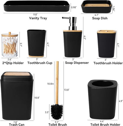 Bathroom Set Black Bathroom Trash Can, 9 Piece Bathroom Decor Toothbrush Holder, Cup, Lotion Dispenser, Tray, Soap Dish, Toilet Brush, Qtip Holder