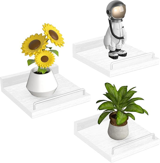 Small Floating Shelf, 6 X 6 Inches Farmhouse Wall Shelves for Living Room, Bedroom, Picture Frames, Plants, Kitchen, Set of 3 (White)