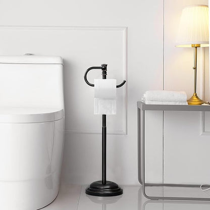 RUMOSE Toilet Paper Holder Stand for Floor, Oil Rubbed Bronze Adjustable (12.4" to 22.8") Bathroom Toilet Tissue Holder, Free Standing Toilet Paper Roll Holder with Storage, Stainless Steel