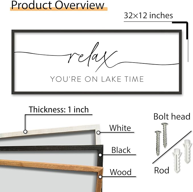 SRSZHIYUE Relax You're On Lake Time Wall Decor Above Bed Sign 32"×12" for Lake House Bedroom Over Bed Large Wood Framed Hanging Art (Black)