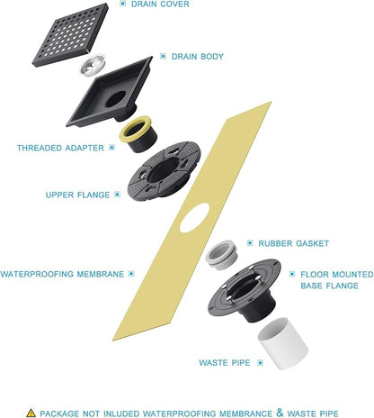 6 Inch Shower Drain Black Matte with Adjustable Shower Drain Base Flange SUS304 Stainless Steel Floor Drain Cover Removable Mesh Grille