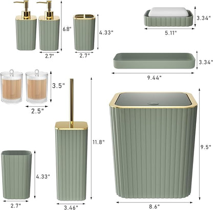 Bathroom Accessories Set - Gorgeous Bathroom Set, 10PC Sage Green Bathroom Accessory Set, Toilet Brush, Trash Can & Soap Dispenser