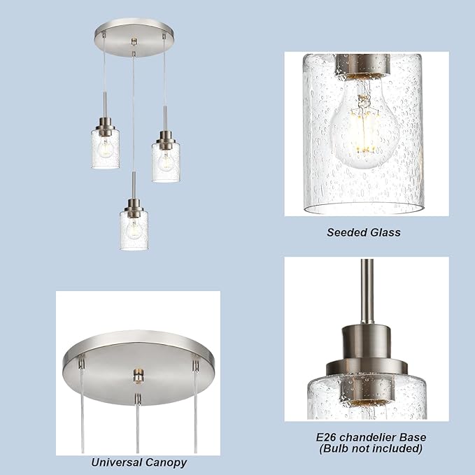 3-Light Contemporary Pendant Lighting with Clear Seeded Glass,Brushed Nickel Dining Room Chandelier Light Fixture Modern Kitchen Island Cluster Hanging Ceiling Pendant Lights for Sink Bar