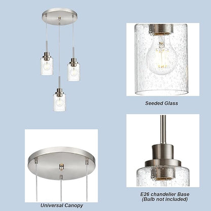 3-Light Contemporary Pendant Lighting with Clear Seeded Glass,Brushed Nickel Dining Room Chandelier Light Fixture Modern Kitchen Island Cluster Hanging Ceiling Pendant Lights for Sink Bar