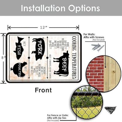 Vintage Kitchen Tin Sign Meat Internal Cooking Temperatures Sign Measurement Kitchen Conversion Metal Signs Meat Temperatures Cooking Chart Decor 8 X 12 Inch