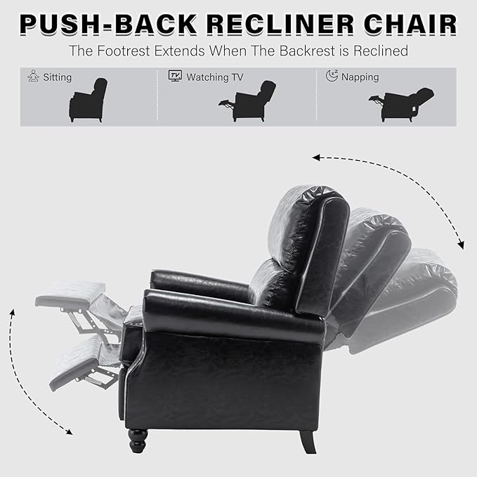 UIXE Pushback Recliner Chair, PU Leather Armchair Push Back Accent Chair for Living Room, Rivet Trim Club Chair Home Theater Overstuffed Single Sofa Bedroom Reading Seat - Black