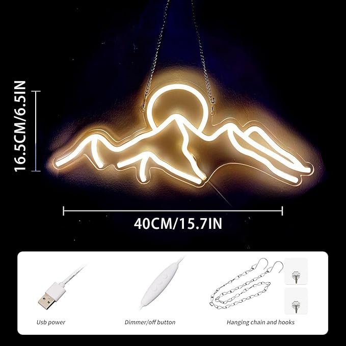 Ulalaza LED Decorative Lights USB Mountains Sunrise Sunset Led Neon Signs Home Decoration Wall Art Holiday Gift Brightness Adjustable 16.5''x11.8''