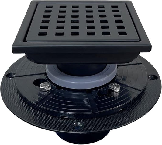 4" Matte Black Shower Floor Drain Square for Bathroom Kitchen Removable Grill Plate Cover with Flange Kit, Sus304 Stainless Steel Finish