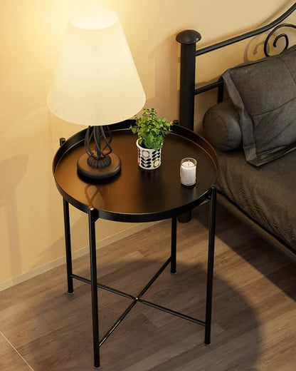 EKNITEY Small Side End Table - Metal Side Table Waterproof Small Sofa Coffee Side Tables Bedroom Indoor Outdoor with Removable Tray for Living Room Bedroom Balcony and Office