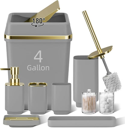 9PCS Bathroom Accessory Set, Grey Bathroom Set with Large-Capacity 4 Gallon Trash Can, Bathroom Accessories Set Complete, Toothbrush Holder, Soap Dispenser, Toilet Brush, Bathroom Decor