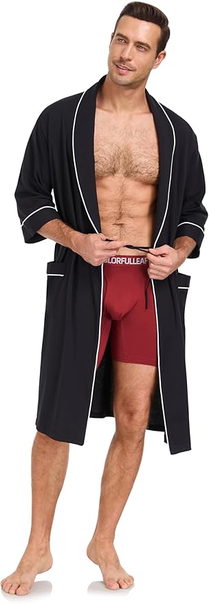 COLORFULLEAF Men's Bathrobes 100% Cotton Soft Comfort Breathable Short Sleeve Summer Kimono Mens Lightweight Robe