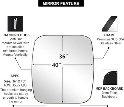 ANDY STAR Brushed Nickel Oblong Mirror, 36x40 Inch Brushed Nickel Oval Mirror for Bathroom with Stainless Steel Metal Frame, Wall Mouned for Bathroom, Living Room, Entryway