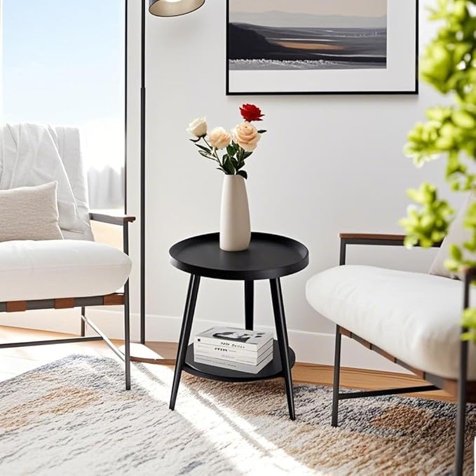 Small Round Side Table, 2-Tier Mid Century Modern Side Table, Round End Table Small Side Table for Living Room, Metal Frames, Black