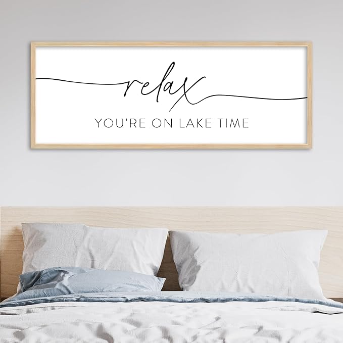 SRSZHIYUE Relax You're On Lake Time Wall Decor Above Bed Sign 40"×15" for Lake House Bedroom Over Bed Large Wood Framed Hanging Art (Wood)