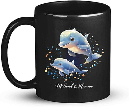 Custom Name Xmas Animal Cup, Cute Dolphins Swimming Design Mug 11oz 15oz, Customized Christmas Dolphins Black Cup, Personalized Animal Lover Coffee Mug, Gift For Newlyweds, Close Friend
