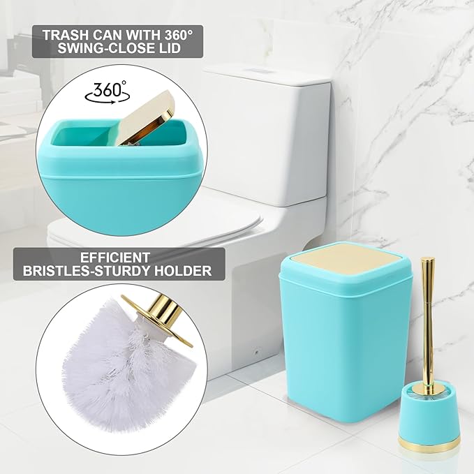 Teal Bathroom Accessories Set - 10 Piece Bathroom Accessory Set with Trash Can, Soap Dispenser, Soap Dish, Toothbrush Holder and Cup, Toilet Brush, Qtip Holder, Bathroom Decor Sets Complete