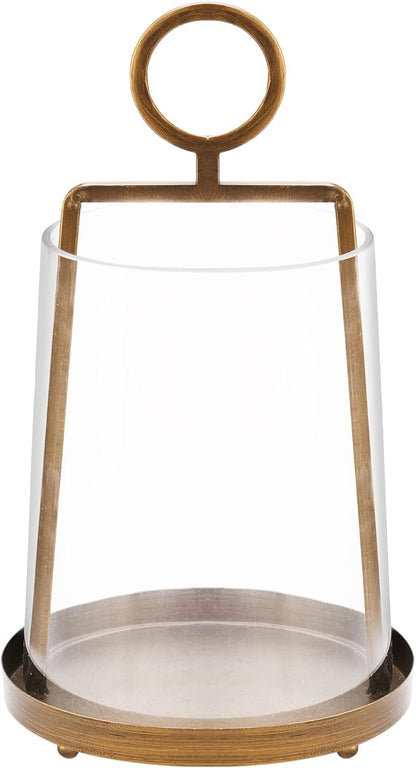 9" Wide Modern Farmhouse Metal Hurricane Candle Holder with Handmade Sturdy Glass Sleeve in Antique Brass for Pillar Candle & Plants, Hurricane Lantern, Industrial, Minimalistic (1, Brass, 9"x14")