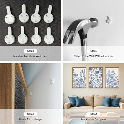 Classic Chinoiserie Floral Framed Canvas Wall Art Set, Blue and White Flower Wall Decor, Navy Watercolor Wall Painting, Minimalist Wildflower Art Print for Living Room, Bedroom - 16"x24"×3