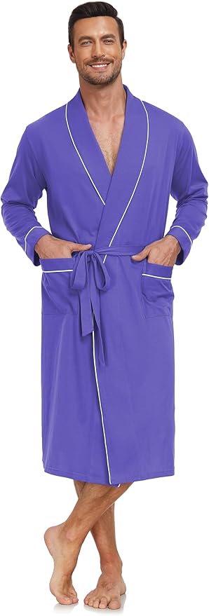 COLORFULLEAF Mens 100% Cotton Robes Lightweight Summer Long Bathrobe Sleepwear Soft Knit Spa Robe with Pockets