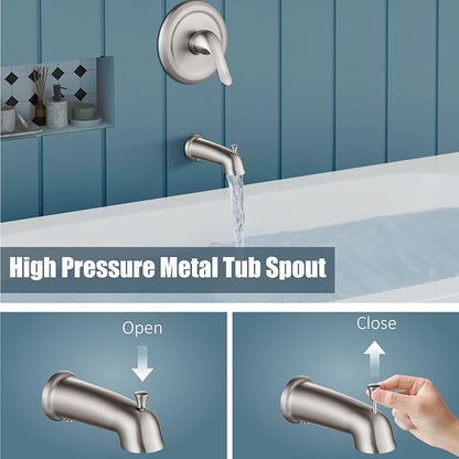 Aolemi Tub Shower Faucet Set with Tub Spout Rain Shower Head System Shower Trim Kit Pressure Rough-in Valve Included ABS 8 Setting Dual Shower Head and Handheld Spray Brushed Nickel