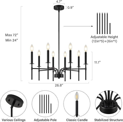 8 Light Black Chandelier Light Fixture, Modern Farmhouse Chandeliers for Dining Room Light Fixture, Metal Candle Pendant Chandelier for Foyer Entryway Stairs Living Room Bedroom Kitchen
