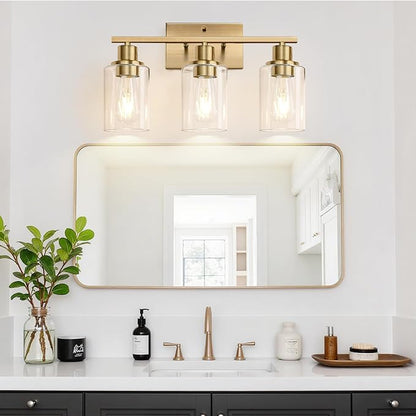 3 Light Bathroom Light Fixtures, Brass Vanity Lights for Bathroom with Clear Glass Shades, Modern Bathroom Wall Sconces for Mirror Living Room Cabinet