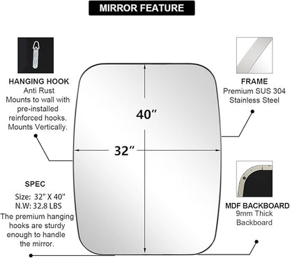 ANDY STAR Chrome Oblong Mirror, 32x40 Inch Polished Chrome Oval Mirror for Bathroom with Stainless Steel Metal Frame, Wall Mouned for Bathroom, Living Room, Entryway