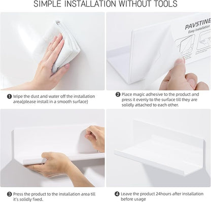 Acrylic Wall Floating Shelves Set of 2, Wall Shelves White 12 Inch Adhesive Wall Organizer Adhesive Shelf for Bathroom, Kitchen, Bedroom, Office, Gaming Room, No Damage, No Drill