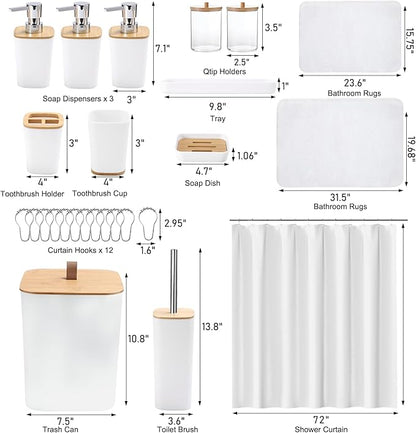 Bathroom Sets with Shower Curtain and Rugs, 27PCS White Bathroom Accessories Set with Trash Can, White Shower Curtain Set, No Slip Super Absorbent Bathroom Rugs