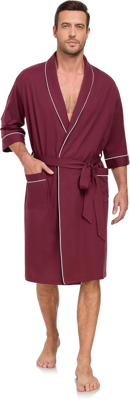 CF Men's Robe Cotton Bathrobe Soft Short Sleeve Bath Robes Shower Robe for Spa Soft Kimono Lightweight Sleepwear with Pockets