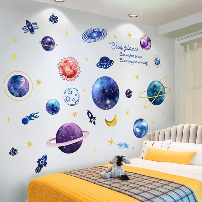 Quanhaigou Blue Purple Galaxy Wall Decals, Removable Sticker,The Art Magic 3D Milky Way Cosmic Stars Spacecraft Dreamscape Home Decor for Bedroom Living Room Floor Ceiling Kids Room