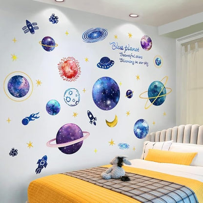 Quanhaigou Blue Purple Galaxy Wall Decals, Removable Sticker,The Art Magic 3D Milky Way Cosmic Stars Spacecraft Dreamscape Home Decor for Bedroom Living Room Floor Ceiling Kids Room