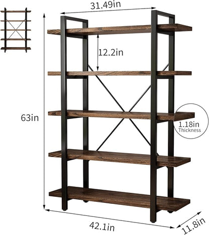 5-Tier Industrial Style Solid Wood Bookcase and Book Shelves,Rustic Wood and Metal Shelving Unit， Living Room,Modern Rustic Open Industrial Book Shelf Office,Distressed Brown (AY-02-5Tier)