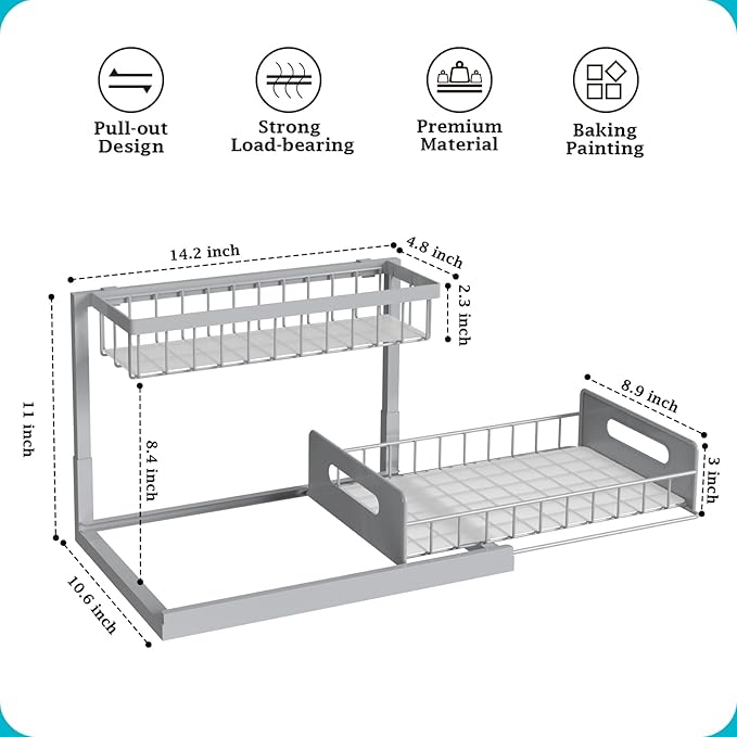 REALINN Under Sink Organizer, Pull Out Cabinet Organizer 2 Tier Slide Out Sink Shelf Cabinet Storage Shelves, Storage for Kitchen Bathroom, Grey, 2 Pack