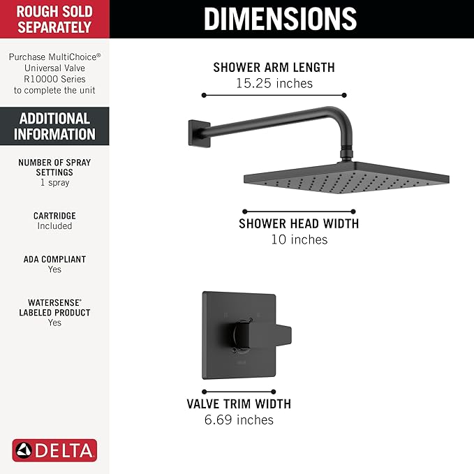 Delta Faucet Modern Raincan Square Single-Function Shower Valve Trim Kit Black, Shower Faucet Set, Rainfall Shower Head Black, Delta Shower Trim Kit, Matte Black T14268-BL-PP (Valve Not Included)