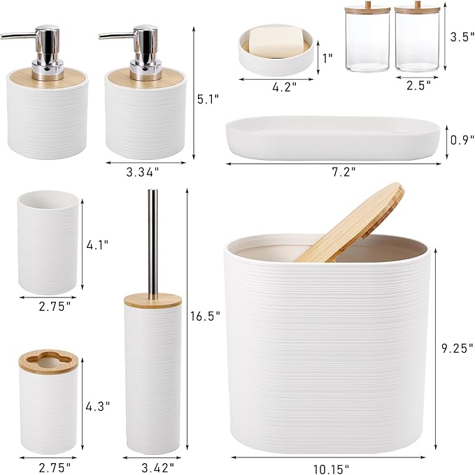 White Bathroom Set, White Bathroom Accessories Set with Trash Can, 2PCS Soap Dispensers, Soap Dish, Toothbrush Holder, Toothbrush Cup,Toilet Brush, Tray and Qtip Holders for Bathroom Decor