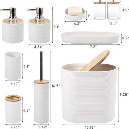White Bathroom Set, White Bathroom Accessories Set with Trash Can, 2PCS Soap Dispensers, Soap Dish, Toothbrush Holder, Toothbrush Cup,Toilet Brush, Tray and Qtip Holders for Bathroom Decor