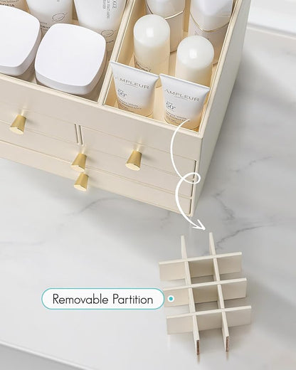 Vlando Makeup Organizer Countertop,Large Vanity Organizer PU Leather Make up Storage with 4 Drawers Perfume Organizers Cosmetic Display Case for Lipstick,Brushes,Bedroom-Beige