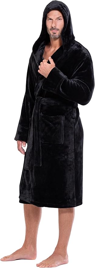 Turquaz Plush Robes For Men, Soft Fuzzy Hooded Mens Bathrobes, Long Comfy Robe For Men