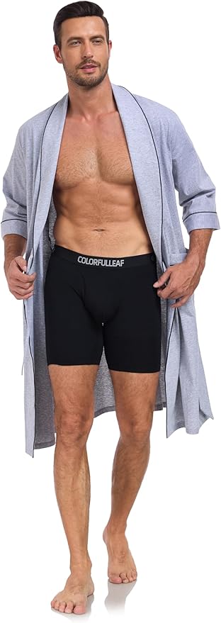 COLORFULLEAF Men's Bathrobes 100% Cotton Soft Comfort Breathable Short Sleeve Summer Kimono Mens Lightweight Robe