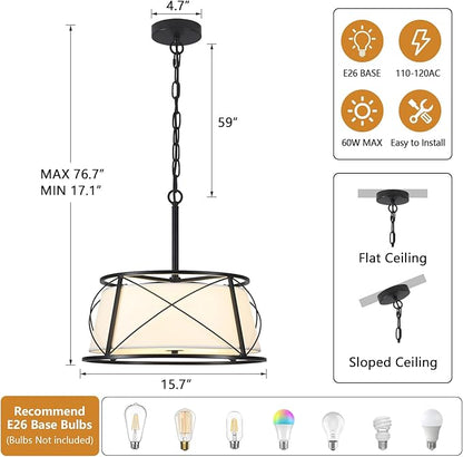 15.7" Black Drum Chandelier,3-Light Modern Farmhouse Chandelier,White Fabric Drum Shade Pendant Light Fixture for Dining Room Kitchen Island Bedroom Entryway