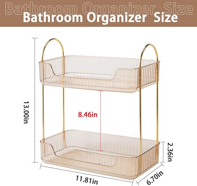 Bathroom Counter Organizer Countertop Storage, Cosmetics Skincare Shelf, Makeup Organizer Perfume for Dresser Vanity Tray, Spice Rack for Kitchen(2 Tier-Gold)