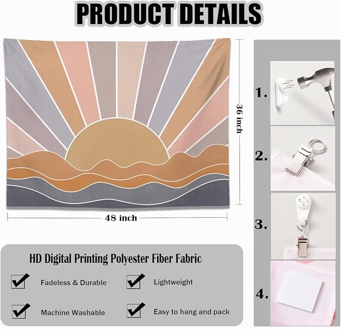 keowhsf Boho Sun Mountain Tapestry Wall Hanging - Retro 70s Vintage Rainbow Sunrise Sunset Design, Abstract Geometric Hippie Art Tapestry for Bedroom, Living Room & Dorm Decor