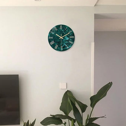 Teal Wall Clock Battery Operated 14 Inch Modern Abstract Clocks for Living Room Decor Marble Pattern Glass Analog Wall Clock Silent