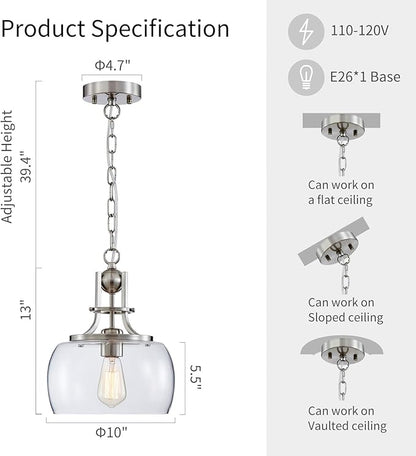 WUZUPS Chandelier Rustic Farmhouse Industrial Round Ceiling Pendant LED Light Fixture with Clear Glass Shades for Dining Room Kitchen Island Foyer Entryway, H 13" x W 10", E26 Base, Brushed Nickel